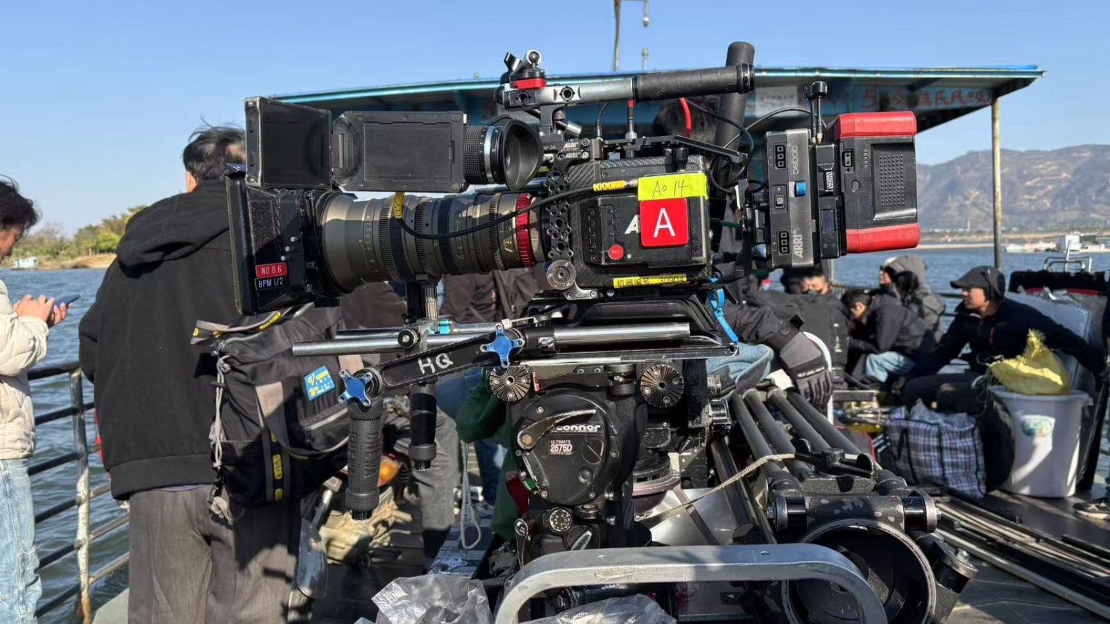 Camera setup with an Angénieux EZ-3 lens on a boat